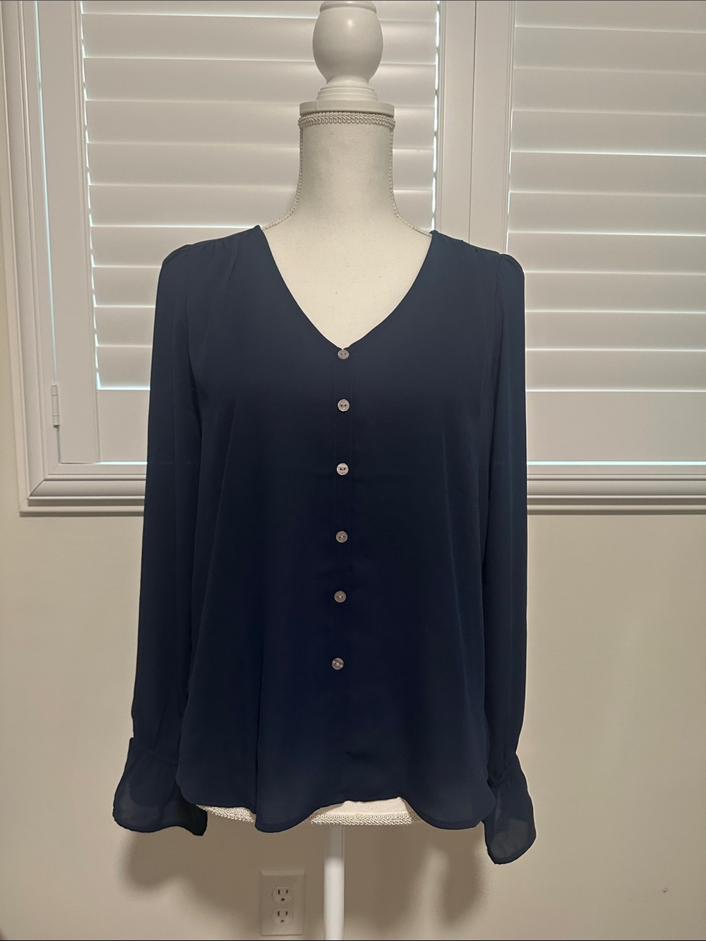 LOFT Navy Button-Front V-Neck Blouse | A8